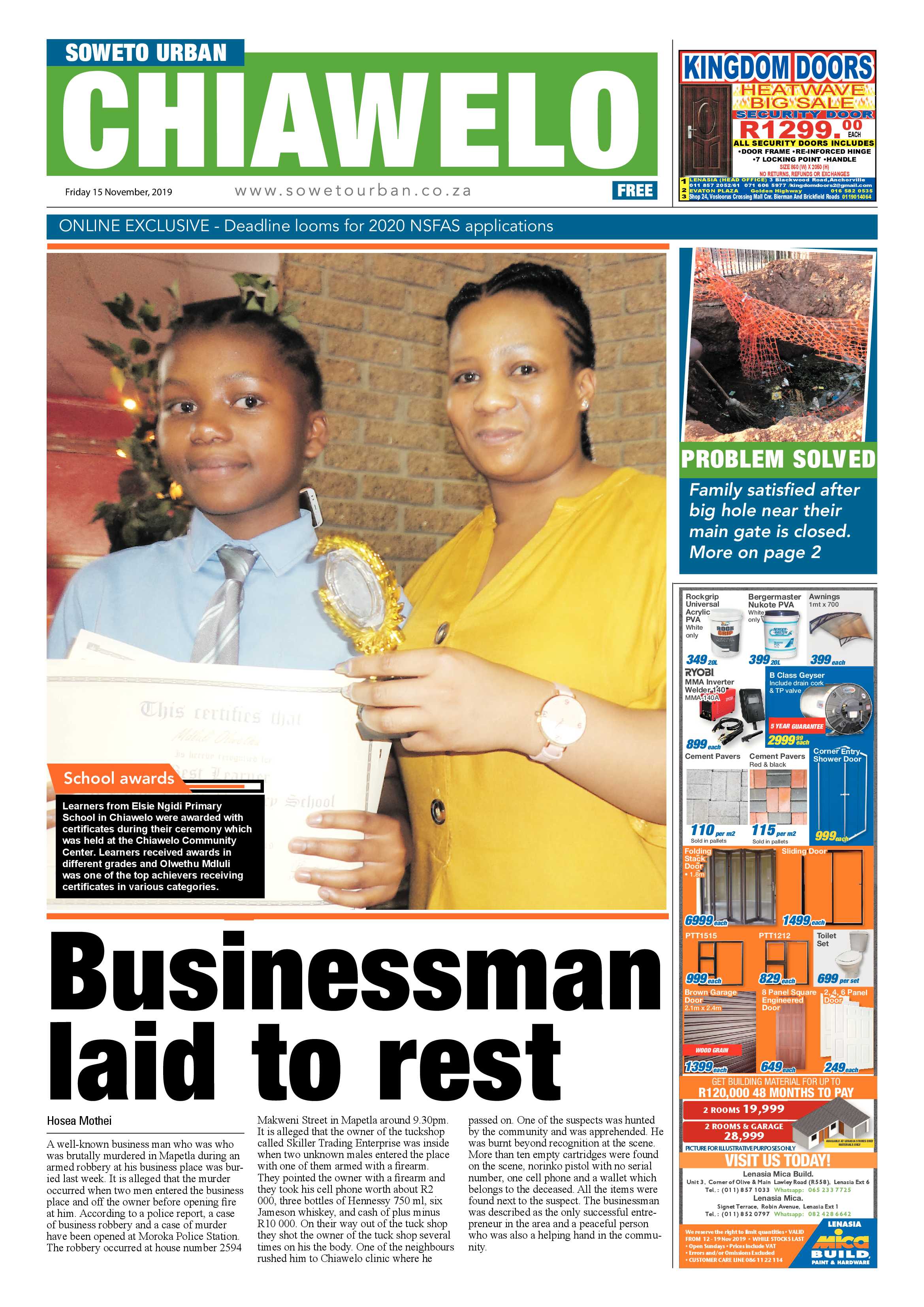 Chiawelo News – November 15, 2019 page 1